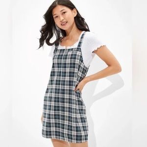 American Eagle Size S Small Plaid Overall Mini Dress Blue Gray Jumper